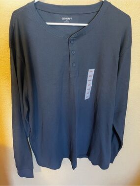 Old Navy Men's Black Waffle-Knit Thermal Henley Pullover Sweater 2XL Long Sleeve